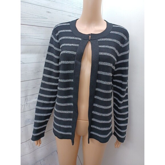 Jones New York Signature Open Cardigan Black Metallic Silver Stripe Texture Sz L - Picture 1 of 9